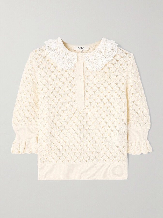 Chloé Lace-trimmed Cotton, Alpaca And Silk-blend Polo Sweater - Cream