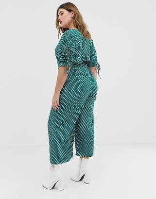 Glamorous Curve midi tea jumpsuit with tie sleeves in spot print