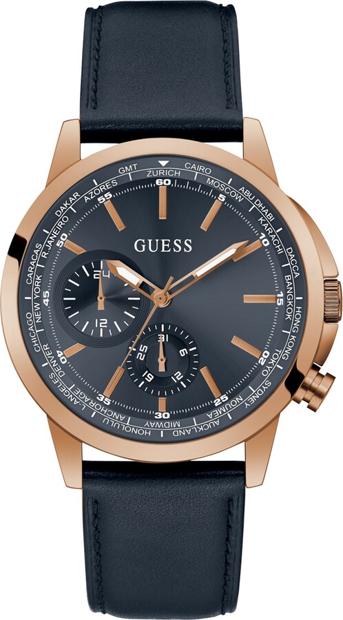 GUESS Men's Rose Gold-Tone Navy Genuine Leather Multi-Function Strap Watch,  44mm - ShopStyle