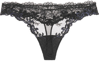 La Perla Secret Story Embroidered Leavers Lace And Tulle Thong - Black
