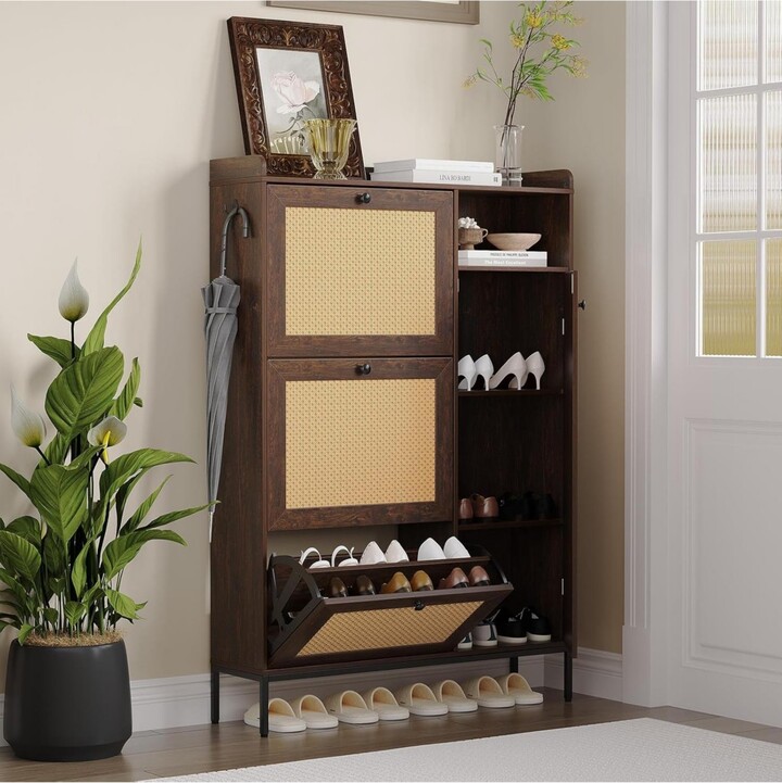 Gaomon 3 Tier Shoe Cabinet with Natural Rattan Flip Drawers for Entryway Free Standing Shoe Storage Organizer with Adjustable ShelvesDark Cherry - Dark bro
