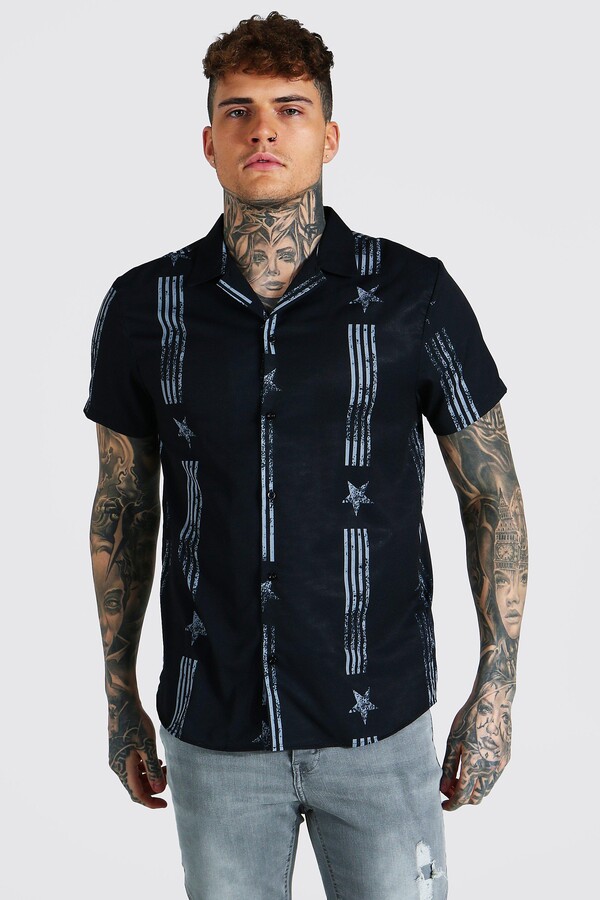 boohoo Mens Black Short Sleeve Vertical Stripe Usa Revere Shirt - ShopStyle
