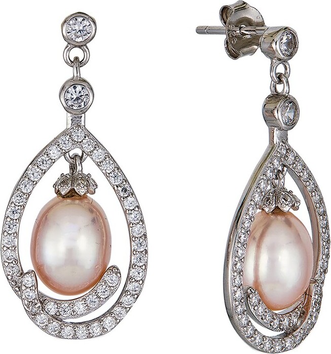 BELPEARL Silver 7-8mm Pearl CZ Dangle Earrings
