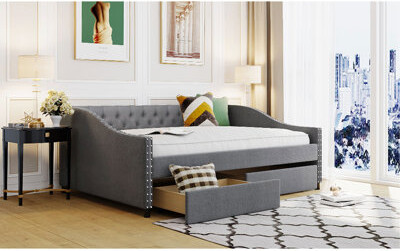 Mercer41 Upholstered Daybed With Two Drawers Wood Slat Support Gray Full Size