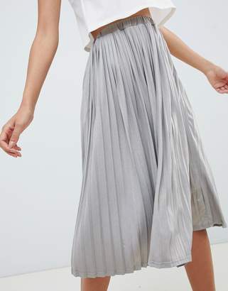 Missguided Tall Hammered Satin Pleated Midi Skirt In Metal Grey