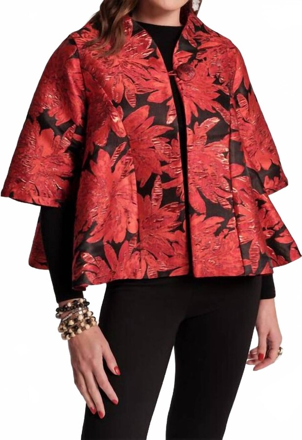 Frances Valentine Swing Jacket In Red Floral Jacquard