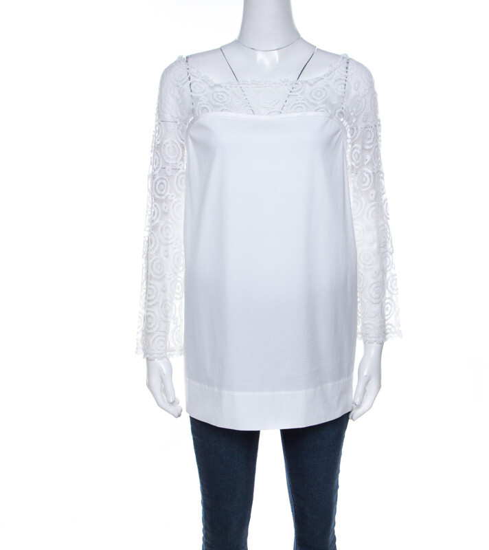 Philosophy di Alberta Ferretti Off White Cotton Lace Detail Top L