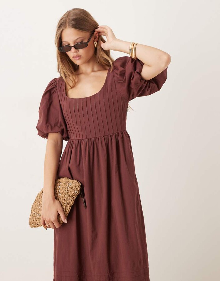 Nobody's Child Mimi puff sleeve midi dress in brown