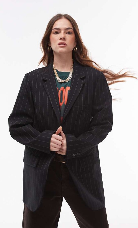 Topshop high break tailored blazer in black pinstripe