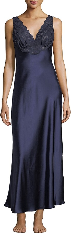 Christine Lingerie Women's Bijoux Lace & Satin Nightgown - Navy - Size Small