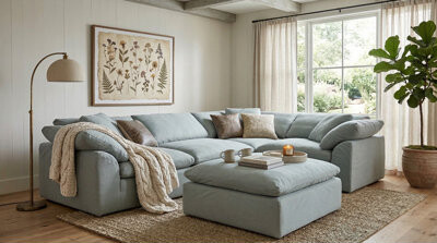 Sunset Trading Contemporary Puff Collection 5PC Slipcovered Modular L-Shaped Sectional Sofa with Ottoman | Performance Fabric Washable Water-Resistant