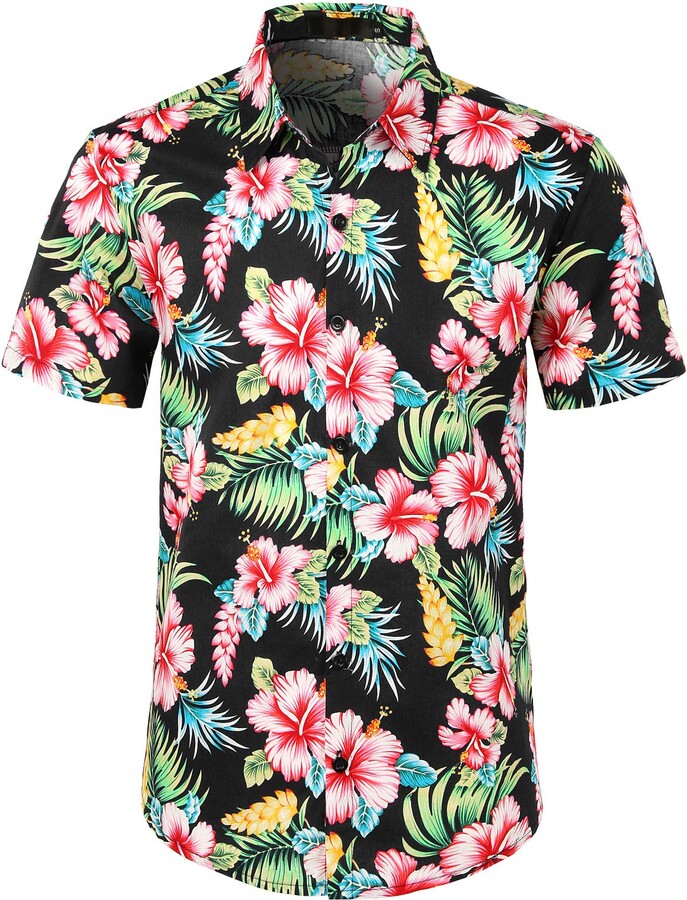 JOGAL Mens Flower Casual Short Sleeve Aloha Hawaiian Shirt 