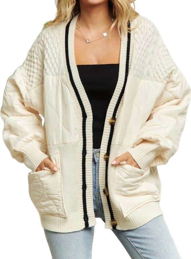 Madelyn Button Down Quilted Sweater Cardigan In Off White
