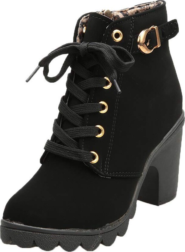 DENGZI Ladies Fashionable LaceUp Heeled Platform Boots with Side