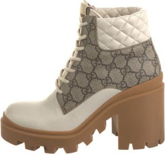 Gucci Mid-Calf Combat Boots Neutrals & White GG Supreme Web Accent & Interlocking G Logo Round-Toes with Leather Trim Embellishment Platform Lace-Up Closure at Uppers Includes Box Dust Bag & Additional Laces