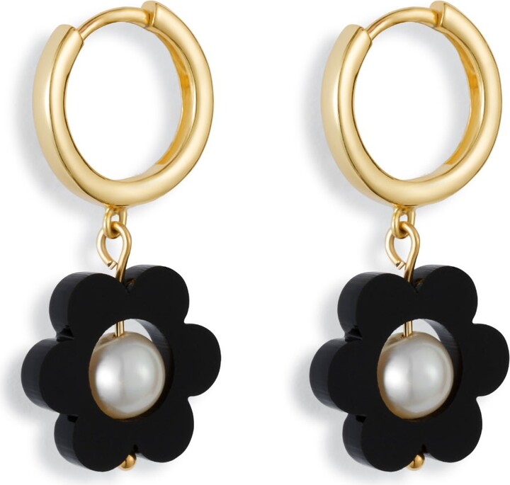 Toolally Black / Gold Flower Pearl Huggie Earrings - Black