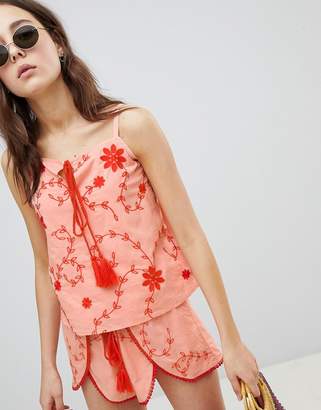 Glamorous Top With Tassel Tie Front In Contrast Embroidery Two-Piece