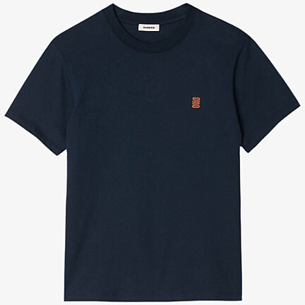 Sandro Mens Navy Blue Logo-Patch Crewneck Cotton T-Shirt M