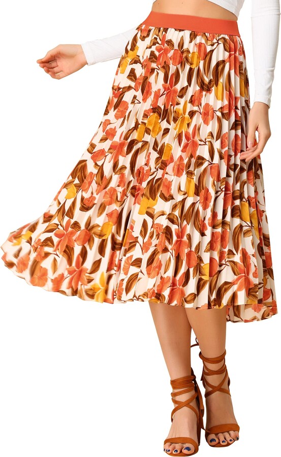 Allegra K Women's Floral Pleat Midi Skirt Elastic High Waist Flowy Summer  Long Skirts Beige M-12 - ShopStyle