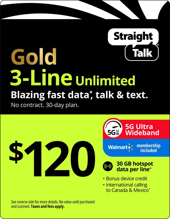 Straight Talk $120 Gold 3-Line Unlimited 30-Day Prepaid Plan, 30 GB Hotspot Data, 100GB Cloud Storage & Int'l Calling e-PIN Top Up (Email Delivery)