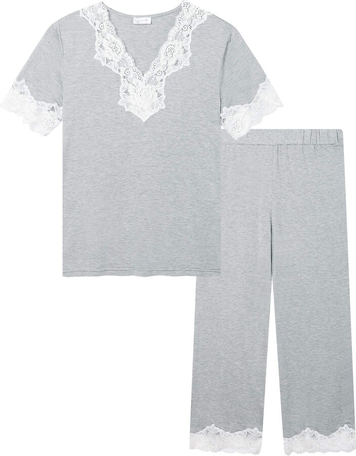 Amorbella Super Soft Pyjamas/PJs Set Lady Short Sleeve Capri Pants V-Neck  Lace Jersey Knit Bamboo Cooling Sleepwear (Grey - ShopStyle