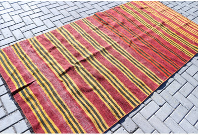 Foundry Select Vintage Turkish Oushak Kilim Area Rug in Red Stripes and Bohemian Design for Stylish Floor Decor