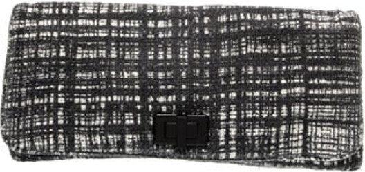 Prada Clutch Black Tweed Houndstooth Print Gold-Tone Hardware Leather Trim Embellishment & Single Exterior Pocket Leather Lining & Four Interior Pockets Turn-Lock Closure at Front & Snap Closure at Top