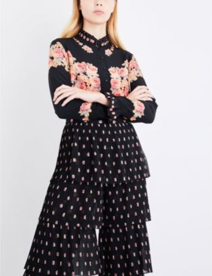 Vilshenko Ladies Black Floral Button fastening Kalisa Floral-Print Silk-Crepe Shirt