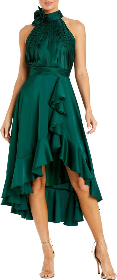 Mac Duggal Halter Neck Flower Detail Ruffled Midi Dress