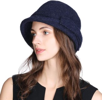 Jeff & Aimy Wool Winter Fedora for Women Felt Vintage 1920s Bucket Round Bowler Hat Cloche Warm Ladies Navy Blue One Size
