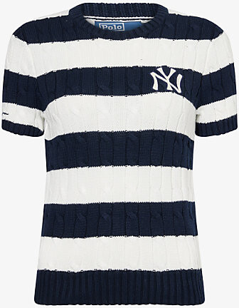 Polo Ralph Lauren Womens Aviator Navy White x mlb Collection Cable-Knit Cotton Jumper S