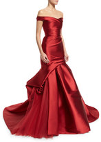 Thumbnail for your product : Monique Lhuillier Off-the-Shoulder Ruched Mikado Gown