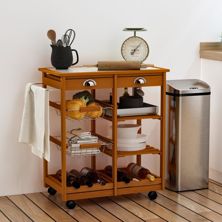 Wooden Rolling Kitchen Cart Tile Counter Top Utility Trolley