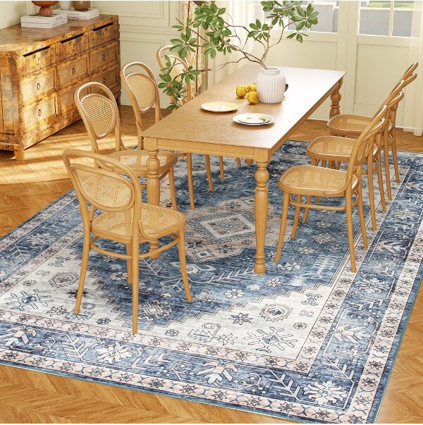 HBEZON 8x10VintageAreaRugWashableNon-SlipFloorCarpetforLivingRoomBedroomDiningRoomBlue