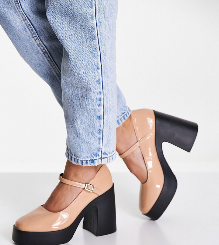 ASOS DESIGN Wide Fit Penny platform mary jane heeled shoes in beige -  ShopStyle