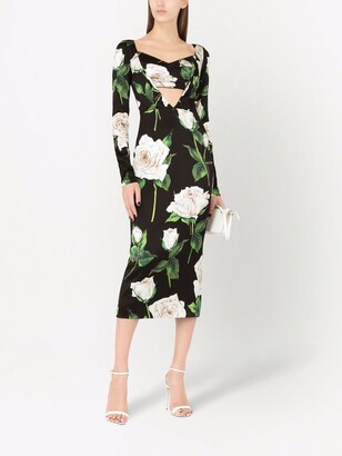 Dolce & Gabbana Rose Print Cut-Out Midi Dress