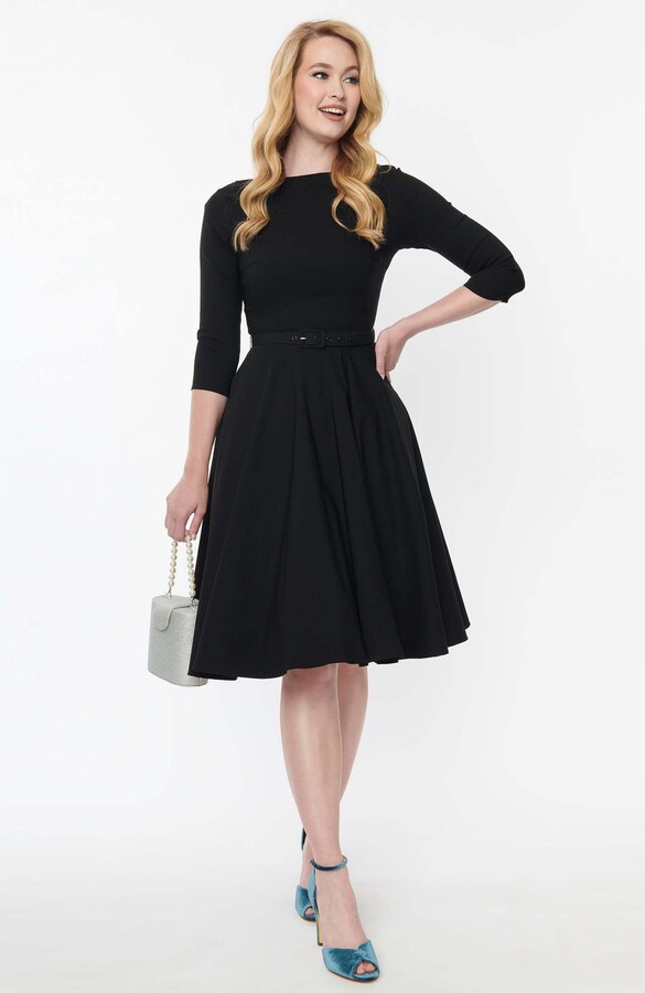 Unique Vintage Three Quarter Sleeve Belted Devon Swing Dress