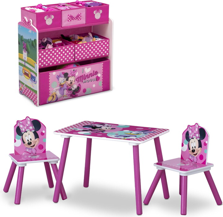 Disney Minnie Mouse 4-Piece Wood Toddler Playroom Set – Includes Table, 2 Chairs & Toy Bin, Pink