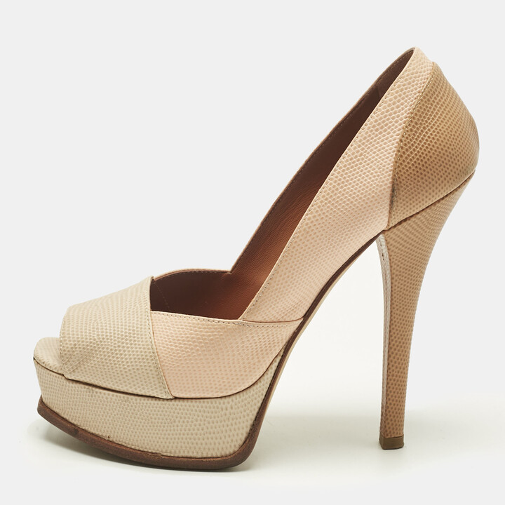 Fendi Tri Color Fendista Colorblock Lizard-Embossed Leather Peep Toe Platform Pumps Size 39
