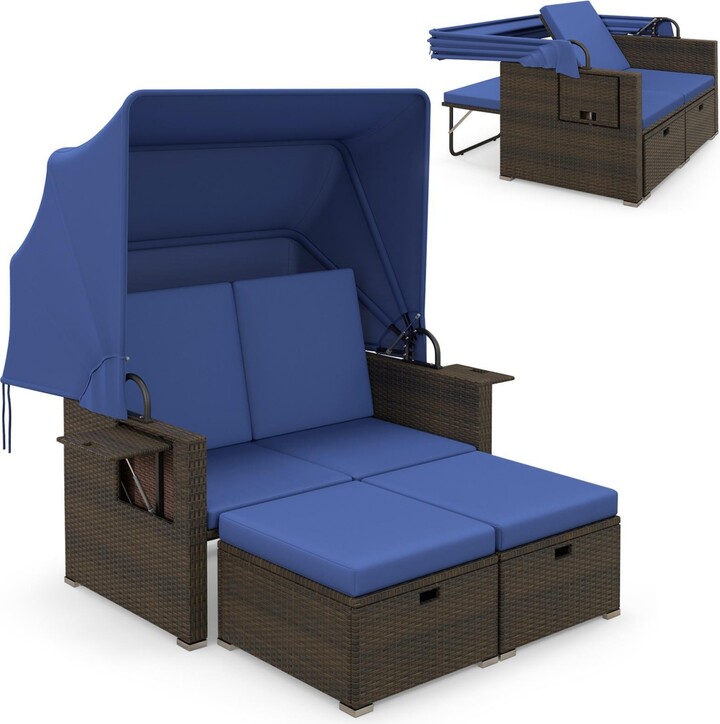 Slickblue Outdoor Patio Rattan Daybed with Retractable Canopy and Adjustable Backrests