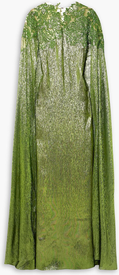 Oscar de la Renta Cape-effect embellished silk-blend lamé gown
