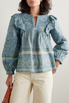 Thumbnail for your product : Sea Margot Quilted Printed Cotton-voile Blouse - Blue