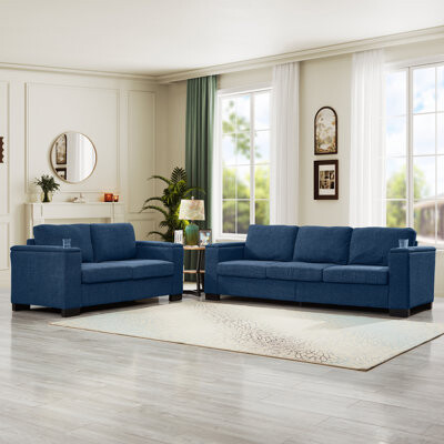 Latitude Run 2-Piece 2+3 Seater Sofa Set with Square Armrests Upholstered Fabric Couches with Cup Holder and Storage for Living Room Blue