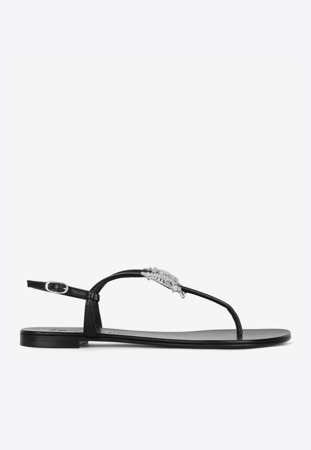 Giuseppe Zanotti Farifu Leather Thong Flat Sandals with Crystal