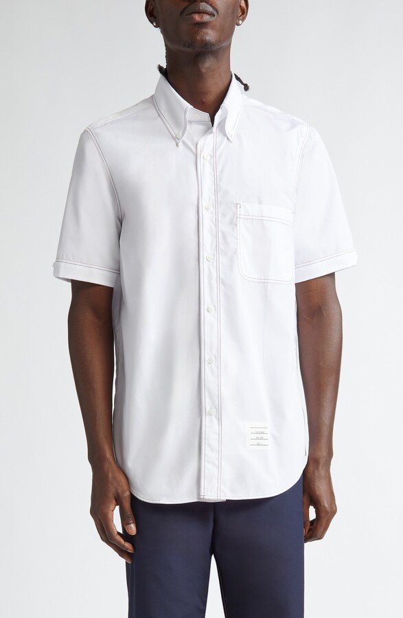 Thom Browne Straight Fit Short Sleeve Cotton Poplin Button-Down Shirt