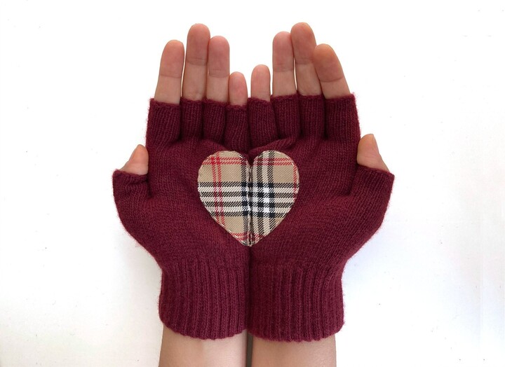 Maroon Wool Fingerless Gloves Mittens With Plaid Heart in Palm, Fall Style Women