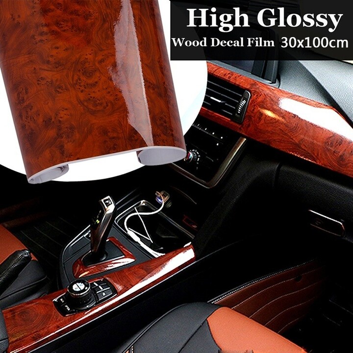 NONE 30*100CM High Glossy Wood Grain Vinyl Sticker Decal Car Internal Self Adhesive DIY Film