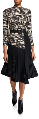 A.L.C. Peyton Zebra Mock-Neck 3/4-Sleeve Pleated Dress