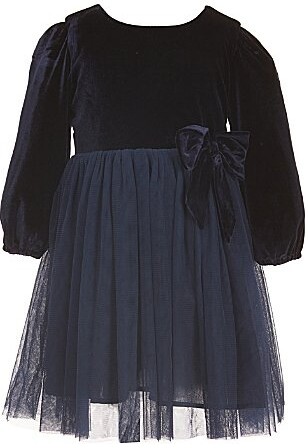 Popatu Little Girls Long-Sleeve VelvetMesh-Overlay Skirted Fit-And-Flare Dress