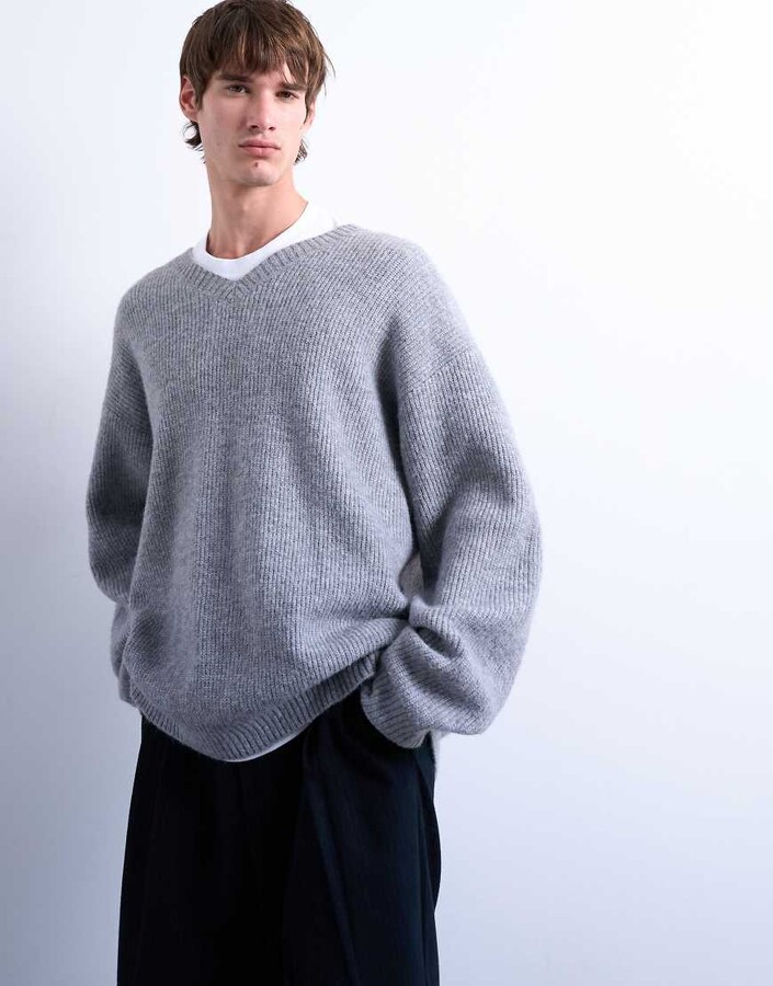 Topman oversized fit v neck sweater in gray